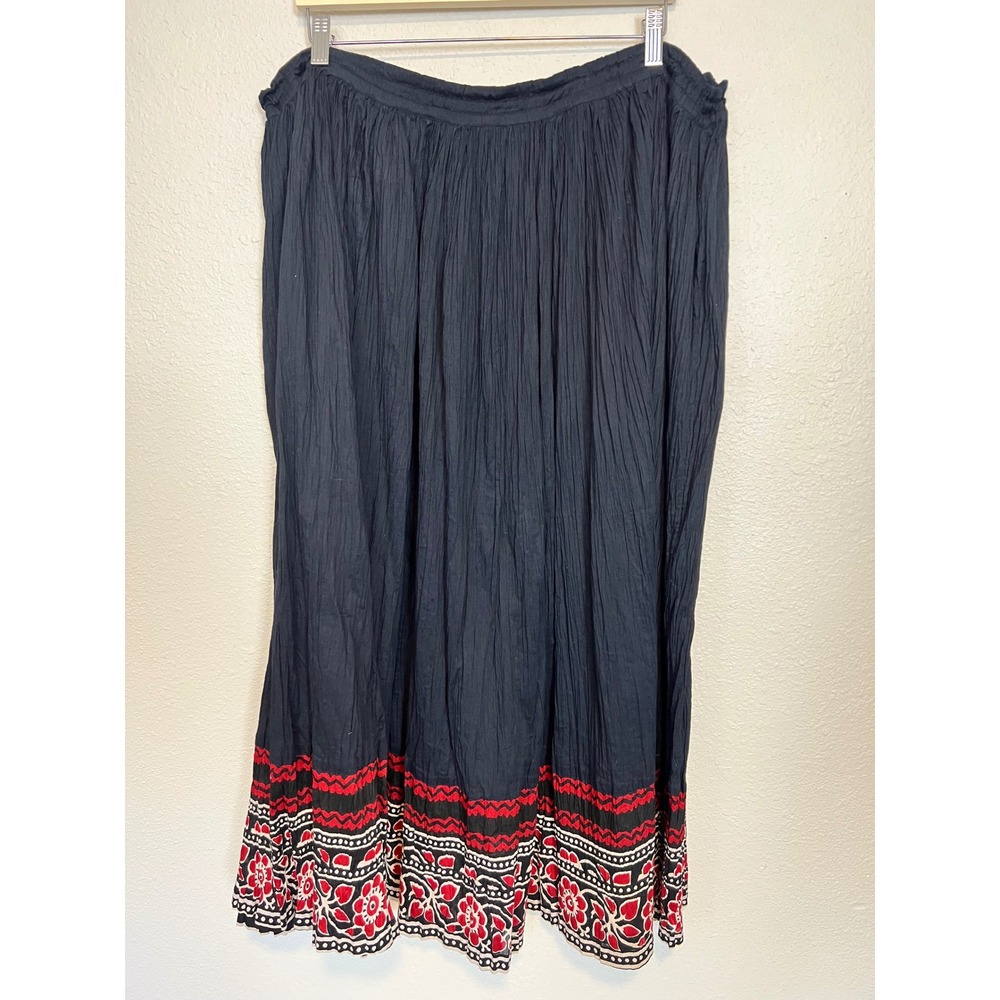 Vintage 90s Y2k Boho Cottagecore Floral Peasant Folk Cotton Black Maxi Skirt - Picture 2 of 6